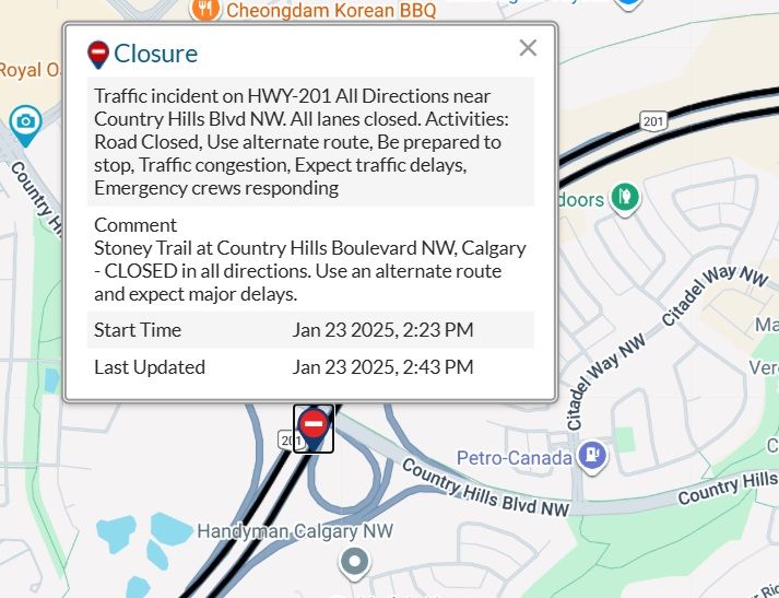 Update Stoney Trail closed at Country Hills Boulevard NW due to police