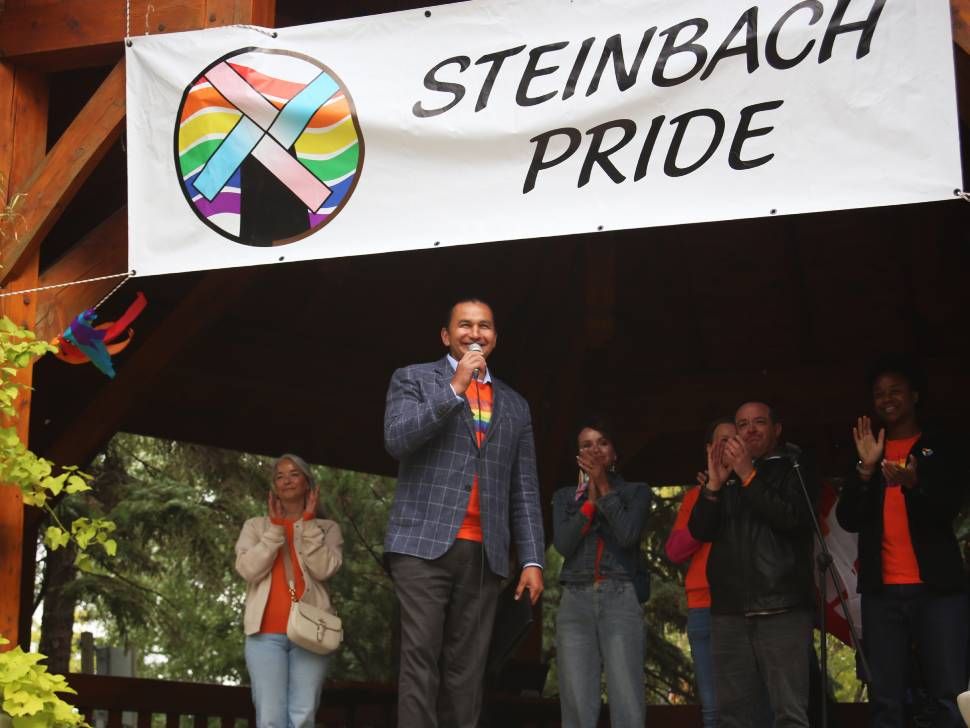 Premier Wab Kinew and members of the NDP cabinet Families Minister Nahani Fontaine, Advanced Education Minister Renée Cable, Environment and Climate Change Minister Mike Moyes, Education Minister Tracy Schmidt and Manitoba MLA Logan Oxenham and Deputy Premier and Health Minister Uzoma Asagwara.