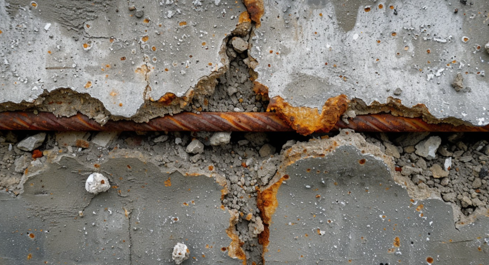 AI-generated stock photo of crumbling concrete and exposed rebar