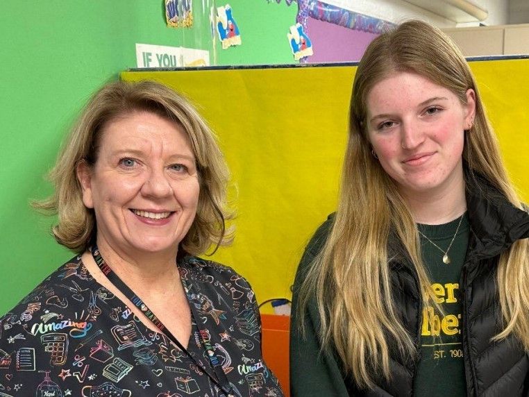 Rehabilitation Therapy Assistant Candace  Abraham, and Julie Howlett, a Grade 12 student at Bowden Grandview School,.