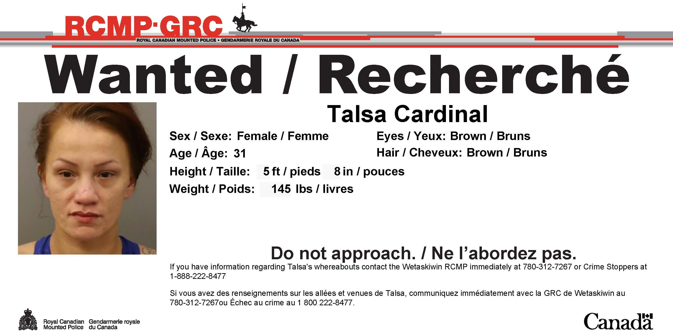 Talsa Ashlee Cardinal's wanted poster. (Photo supplied by Wetaskiwin RCMP)