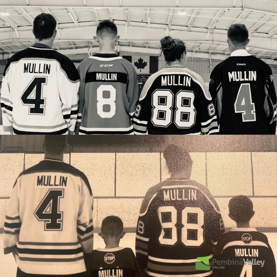 Family picture of four jerseys all saying Mullin on the back