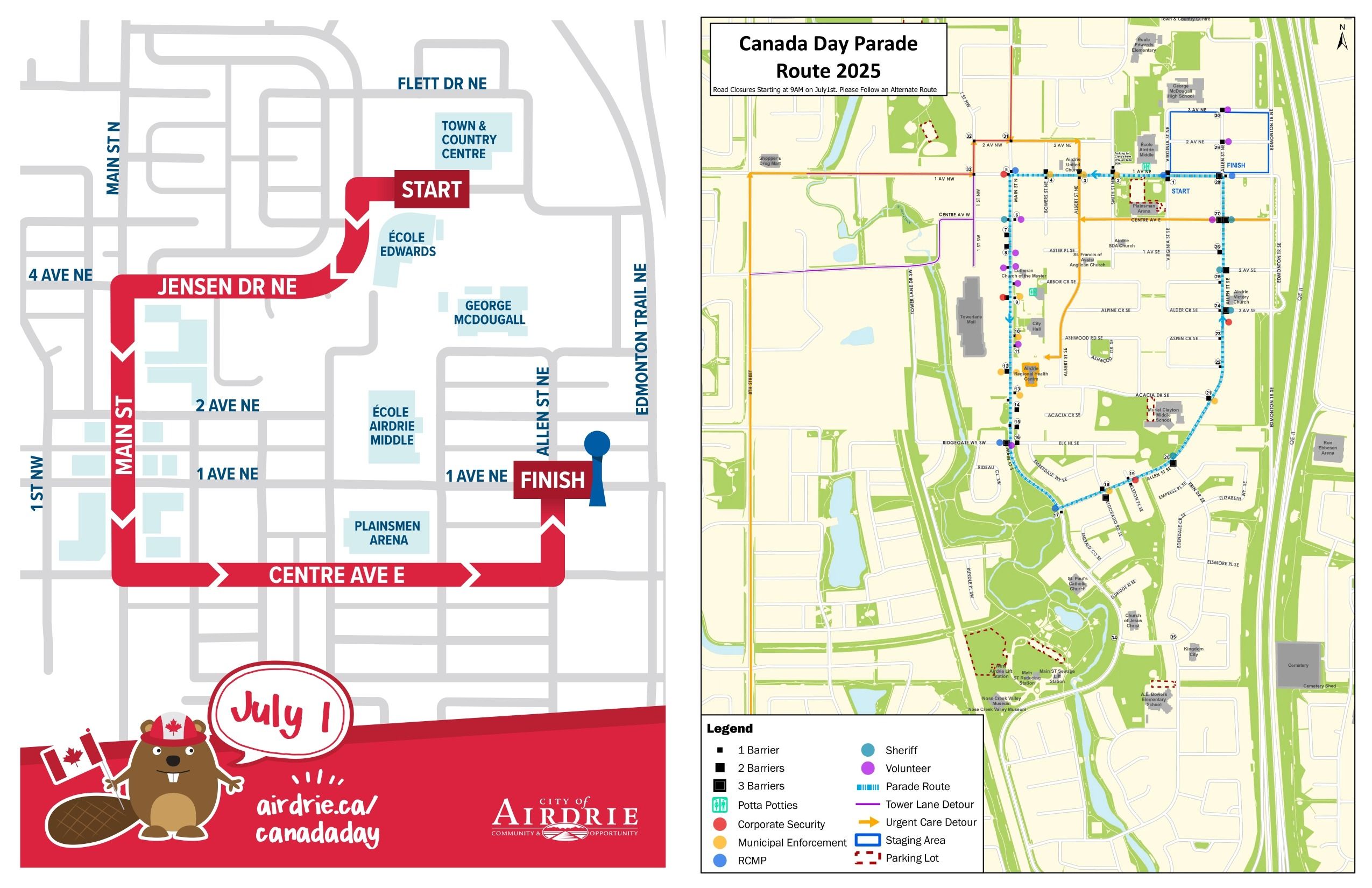 A comparison of the 2026 Airdrie Canada Day Parade route, left, and the 2025 parade route, right. The Airdrie Parades committee says the 2026 route is approximately half the size of the previous route. Graphics / City of Airdrie and Airdrie Parades committee