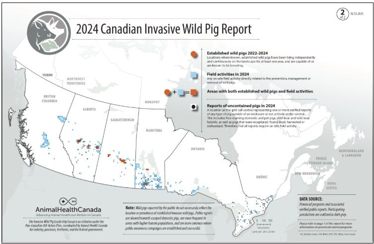 map showing wild pig areas across Canada majority located in the Prairies